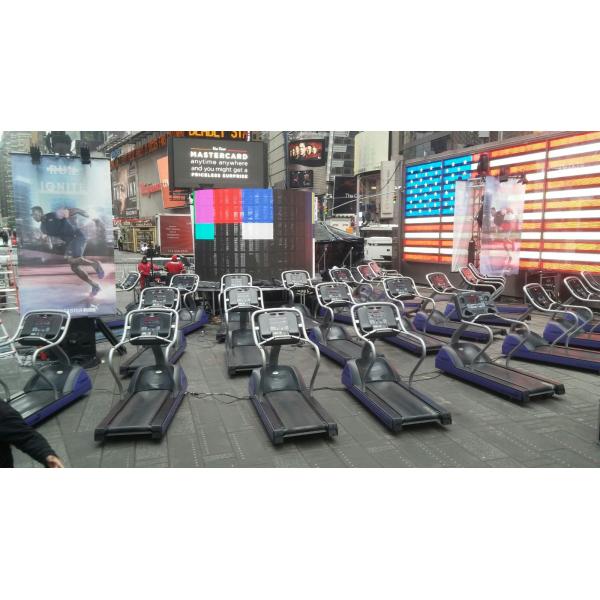 A group of new treadmills in a city.