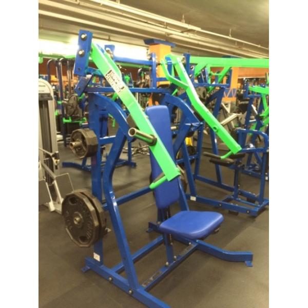A gym with new and remanufactured green and blue equipment.