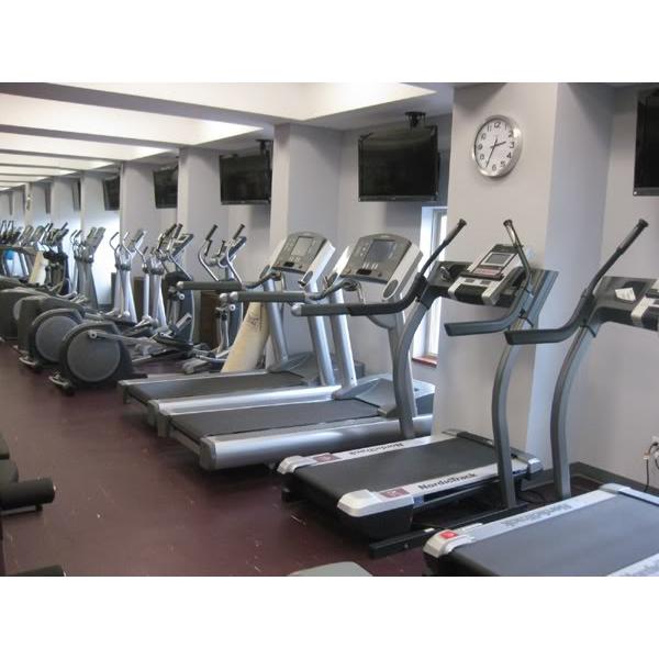 A gym with a large number of tread machines featuring new and remanufactured gym equipment.