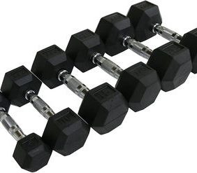 A set of new Muscle D Rubber HEX Dumbbells 5-50 lb Set - New on a white background.