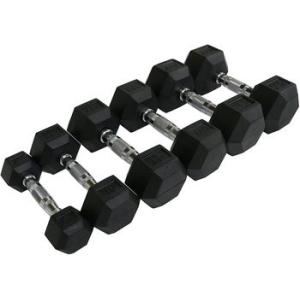 A set of new Muscle D Rubber HEX Dumbbells 5-50 lb Set - New on a white background.