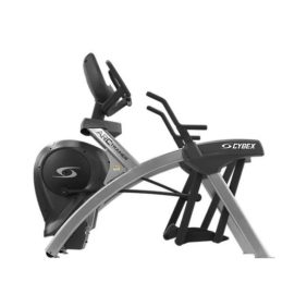 The remanufactured Cybex Arc 626a Arc Trainer features hand grips, foot pedals, and a display screen, all elegantly arranged on a sleek, curved metal frame.
