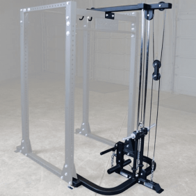 The Body Solid Lat Attachment for the GPR378 Power Rack features a sturdy metal frame and an adjustable cable pulley system for versatile workouts, making it an ideal centerpiece for any gym.