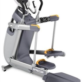 A new Precor AMT 835 with Open Stride w/P30 Console - Serviced exercise machine with a grey and yellow seat.
