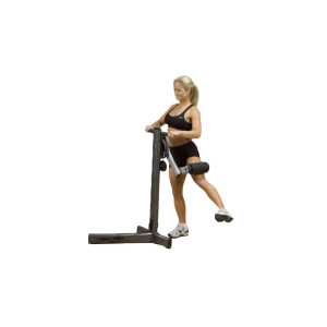 A woman utilizing a Body Solid Fusion Multi Hip Attachment - New on a white background, surrounded by new and remanufactured gym equipment.