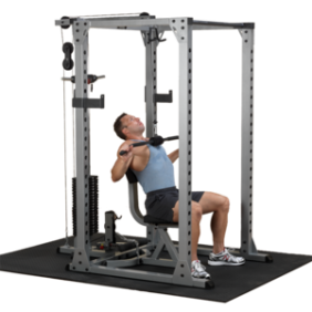 A man performing a squat on a Body Solid Lat Attachment for GPR378 - New power rack.