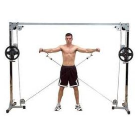 A man standing in front of a new Body Solid Powerline Cable Crossover Machine - New.