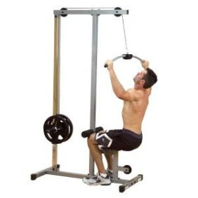 A man effortlessly performs a pull-up on the Body Solid Powerline Lat Pulldown Machine - New.