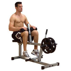 A man is sitting on a Body Solid Powerline Seated Calf Raise - New.