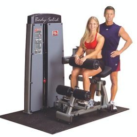 A man and woman posing in front of a Body Solid Selectorized Pro Dual Ab and Back Machine - New.