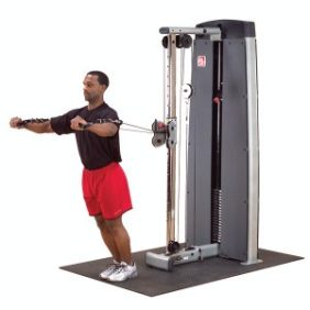 A man using a Body Solid Selectorized Pro Dual Cable Column Machine - New on a white background.