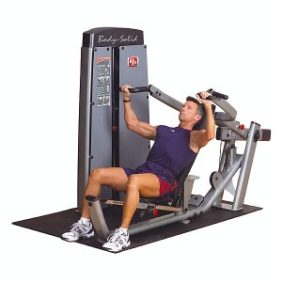 A man is doing a chest press on the Body Solid Selectorized Pro Dual Multi Press Machine - New.