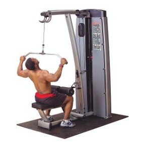 A man is working out on the Body Solid Selectorized Pro Dual Lat Mid Row Machine - New.