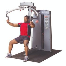 A man is doing a pull down on a Body Solid Selectorized Pro Dual Pec Rear Delt Machine - New gym machine.