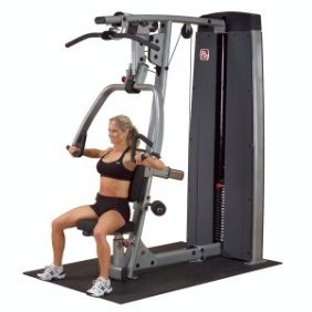 A woman is sitting on a Body Solid Selectorized Pro Dual Vertical Press and Lat Machine - New.