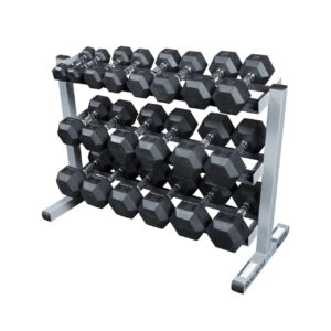 A rack displaying the Muscle D Rubber HEX Dumbbells 5-50 lb Set with Rack.