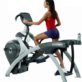 A woman is riding a Cybex 750AT Total Body Arc Trainer - Remanufactured on a white background, showcasing new gym equipment.