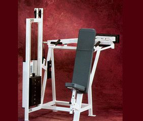 A bench press machine with a Cybex Classic Selectorized Shoulder Press - Remanufactured seat on it.