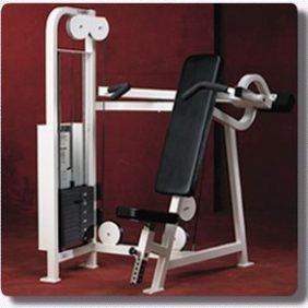 A Cybex VR Shoulder Press - Remanufactured with a barbell on it.