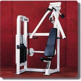A new Cybex VR2 Selectorized Chest Press - Remanufactured machine with a bench and a pulley.