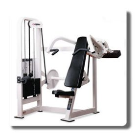 A gym machine with a Cybex VR2 Selectorized Overhead Press - Remanufactured on it.