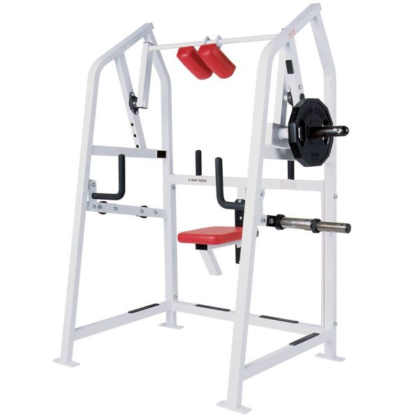 New Hammer Strength Plate Loaded 4 Way Neck Remanufactured with a barbell attached.