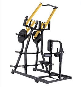 A Hammer Strength Plate Loaded Iso-Lateral Front Lat Pulldown with a yellow and black handle, available as new or remanufactured.