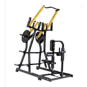 A Hammer Strength Plate Loaded Iso-Lateral Front Lat Pulldown with a yellow and black handle, available as new or remanufactured.