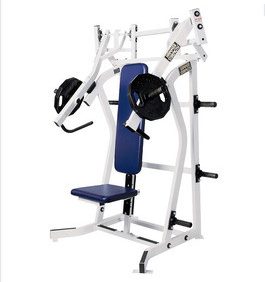 A gym machine with a blue and white seat, available in new or remanufactured condition, such as the Hammer Strength Plate Loaded Iso-Lateral Incline Press - Remanufactured.