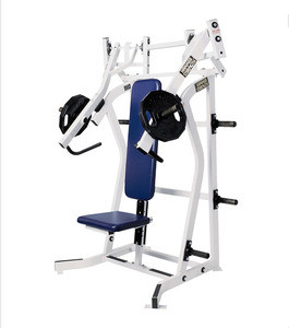A gym machine with a blue and white seat, available in new or remanufactured condition, such as the Hammer Strength Plate Loaded Iso-Lateral Incline Press - Remanufactured.