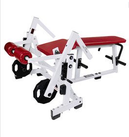A new Hammer Strength Plate Loaded Iso-Lateral Leg Curl - Remanufactured bench with a red seat.