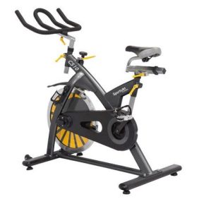 A Sports Art Indoor Cycle - Serviced with yellow handlebars, suitable for both new and remanufactured gym equipment.