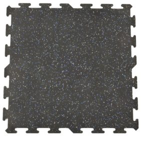 A black and blue 2'x2' Interlocking Mat (20% Fleck) with blue and black speckles, suitable for use in gyms with new or remanufactured equipment.