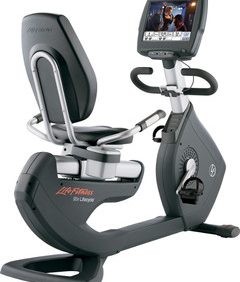 A new Life Fitness 95R Engage Recumbent Bike - Remanufactured with a monitor.