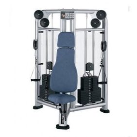 A new Life Fitness Cable Motion Chest Press - Remanufactured with a blue seat.