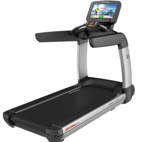 A new Life Fitness 95T SE Discover Elevation Treadmill - Remanufactured with a tv screen on it.
