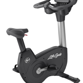 A Life Fitness Discover SI Elevation Upright Bike - Remanufactured with an iPad on it, perfect for at-home workouts.