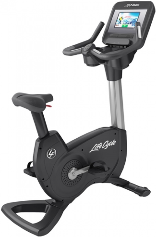 A new Life Fitness 95Ci Upright Exercise Bike - Remanufactured with an ipad on it.