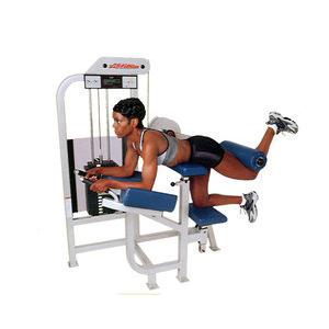 A woman is sitting on a Life Fitness PRO Glute - Remanufactured machine and doing leg exercises.
