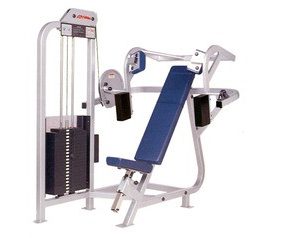 A Life Fitness PRO Pull Over - Remanufactured gym machine with a blue seat, available in new and remanufactured options.