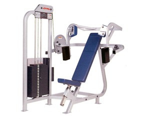 A Life Fitness PRO Pull Over - Remanufactured gym machine with a blue seat, available in new and remanufactured options.