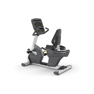 The Matrix R5x Recumbent Bike - Remanufactured, a piece of new gym equipment, is shown on a white background.