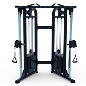 A gym machine with two pulleys and a Muscle D Dual Adjustable Pulley - Black 88" - New.