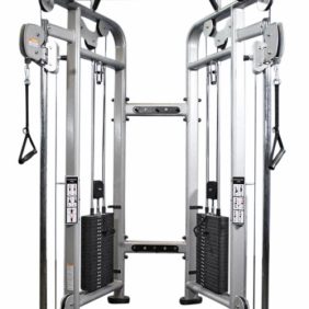 A Muscle D Dual Adjustable Pulley - Platinum 95" - New gym machine with two handles and a pulley.