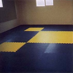 A room with new yellow and blue MMA Mats.