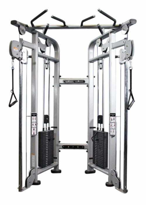 A new Muscle D Dual Adjustable Pulley - Platinum 88" - New with two handles and a pulley.