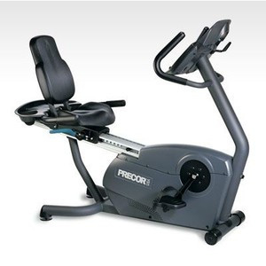 A Precor 842 Recumbent Bike - Remanufactured, with a seat and handlebars, available as new or remanufactured gym equipment.