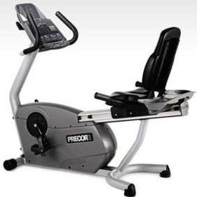 A Precor c846i Recumbent Exercise Bike - Remanufactured, with a seat and handlebars.