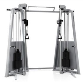A Precor Icarian Adjustable Cable Crossover - Serviced gym machine with two handles and a pulley.