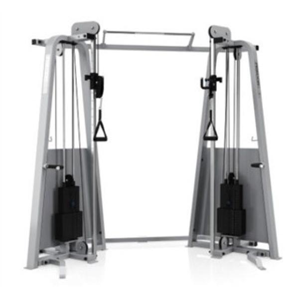 A Precor Icarian Adjustable Cable Crossover - Serviced gym machine with two handles and a pulley.
